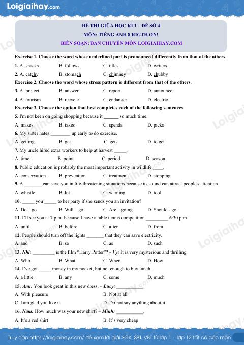 Đề thi giữa kì 1 Tiếng Anh 8 Right on - Đề số 4